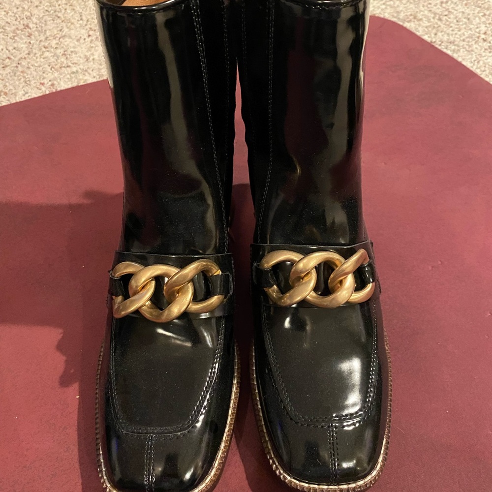 Steve Madden Black Patent Ankle Boots with Gold Chain Detail